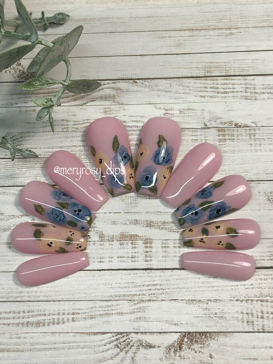 Blue Watercolor Flowers Pre-Designed Press-On Nail Set